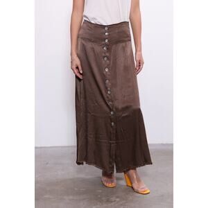 Raquel Allegra Button Front Skirt Large Moss Brown Maxi Satin Raw Edge Neutral